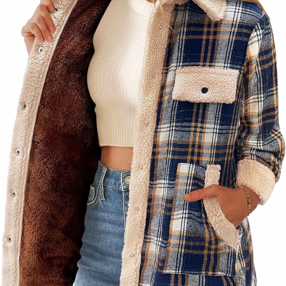 Women's Plush Sherpa Plaid Teddy Jacket - Blue & Cream